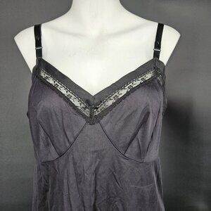 Vintage Lorraine Slip Dress 40 Black Nylon Lace Hem Tall Midi Lingerie 70s Sexy